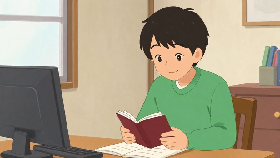 Illustration%20of%20a modest person smiling shyly while studying Japanese with a small notebook in a cozy room.