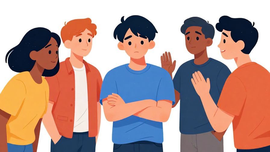 Illustration%20of%20a moody%20person%20crossing%20arms%20while others%20try%20to cheer%20them%20up%2C%20bright%20colors