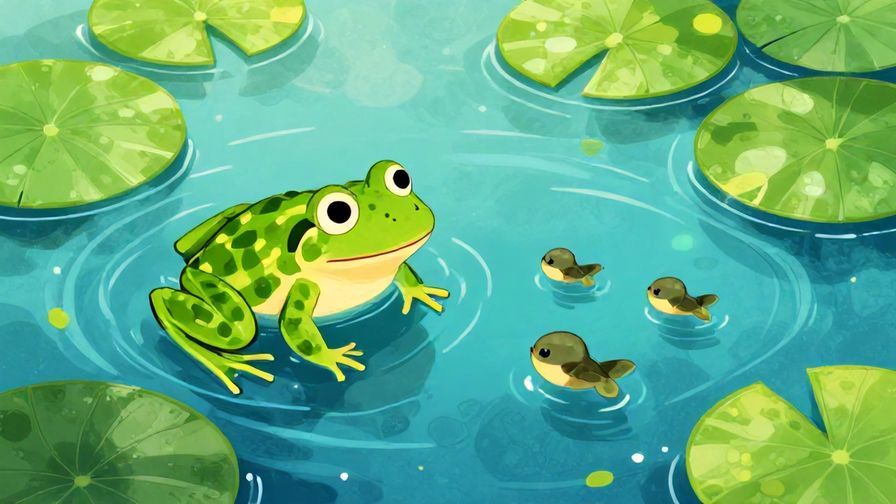 Illustration%20of%20a mother frog with tadpoles swimming nearby in a pond, surrounded by lily pads, bright sunny day, vibrant greens and blues, illustrated style