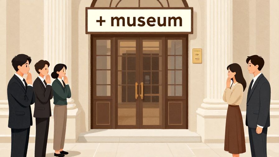 Illustration%20of%20a museum entrance with a polite sign of request, visitors lowering voices, elegant and formal setting, illustrated style