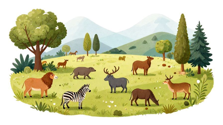 Illustration%20of%20a natural landscape showing animals in their habitats, some thriving and others fading, symbolic of natural selection, soft colors, detailed illustration.
