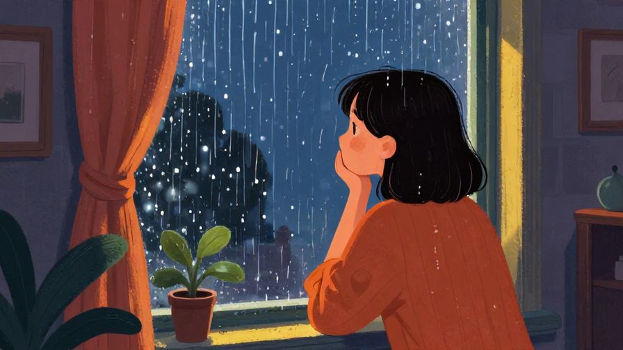Illustration%20of%20a nostalgic scene of a person looking out a rainy window, reflective mood, cozy indoor lighting, vibrant colors, illustrated style