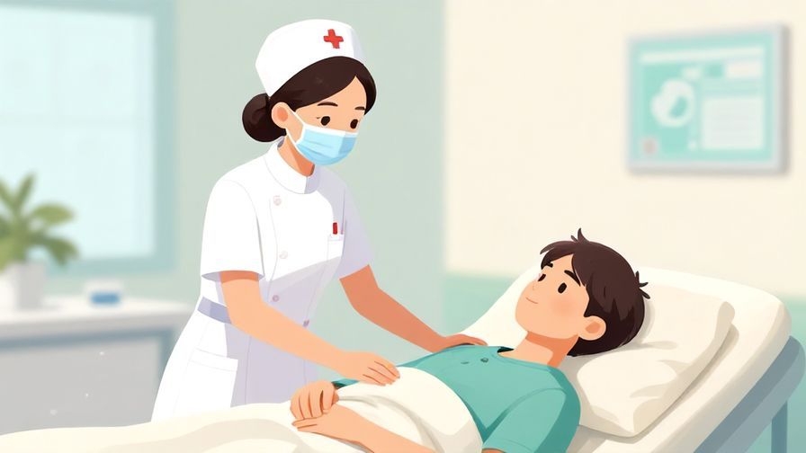 Illustration%20of%20a nurse gently advising a patient to rest, with soft clinic background and calming colors, illustrated style