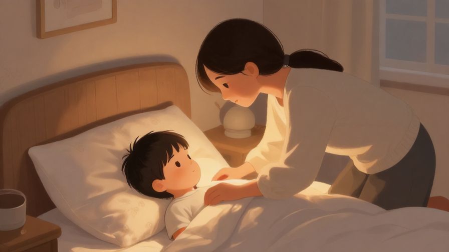 Illustration%20of%20a parent gently tucking a child into bed, soft warm lighting, peaceful bedroom