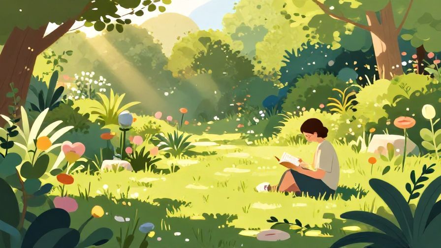 Illustration%20of%20a peaceful garden in afternoon sunshine with a person sitting and reading, tranquil mood