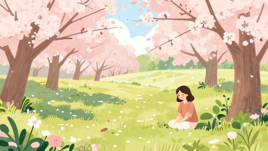 Illustration%20of%20a peaceful garden with cherry blossoms and a person smiling gently, soft pastel colors, illustrated style