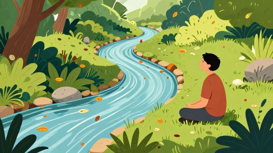 Illustration%20of%20a peaceful garden with flowing stream and falling leaves, a person sitting calmly observing, reflective and natural vibe, detailed background, vibrant colors, illustrated style