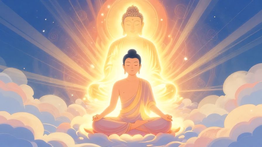 Illustration%20of%20a peaceful person meditating with a glowing Buddha statue in the background, surrounded by soft clouds and gentle light rays, symbolizing peace from ignorance, vibrant colors, illustrated style