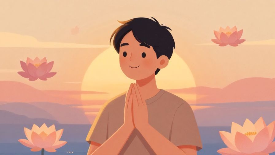 Illustration%20of%20a peaceful person smiling with a sunset background and floating lotus flowers, calm and warm colors, illustrated style