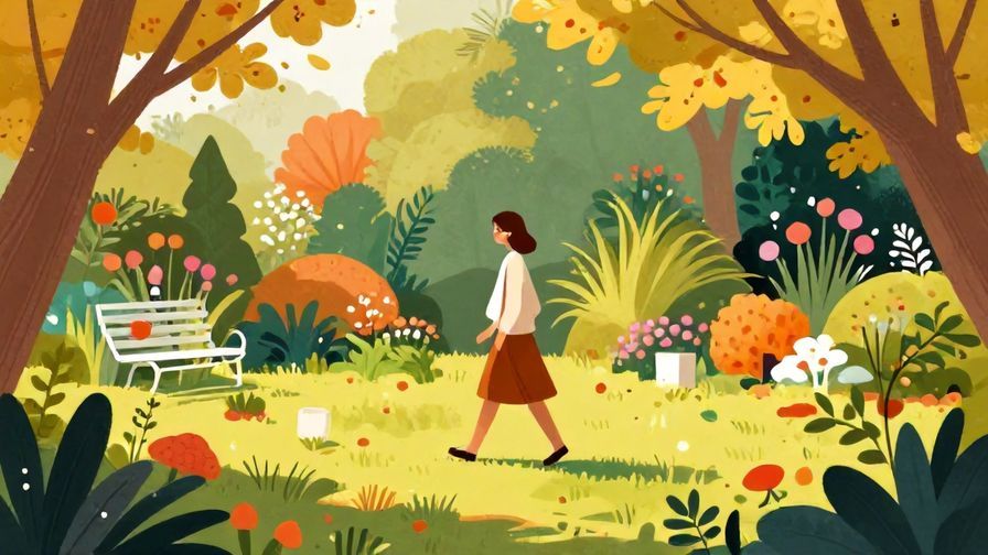 Illustration%20of%20a peaceful person walking through a garden in autumn, soft lighting, vibrant colors, illustrated style