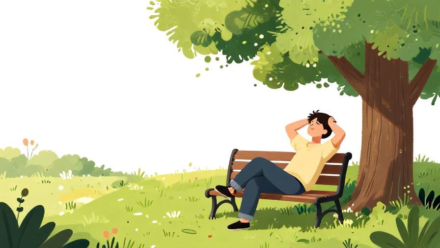 Illustration%20of%20a peaceful scene%20with%20a%20person%20relaxing%20on%20a%20bench%20under%20a%20tree%2C%20letting%20go%20of%20stress%20and%20anxiety%2C%20vibrant%20colors%2C%20illustrated%20style