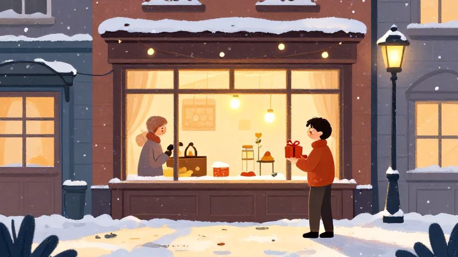 Illustration%20of%20a peaceful snowy street scene with a warmly lit shop window and a smiling person holding a gift, warm glowing colors, illustrated style
