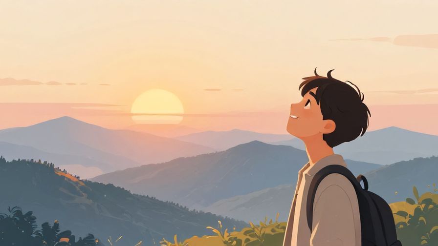 Illustration%20of%20a peaceful sunrise over mountains with a person looking hopeful and happy, soft warm colors, illustrated style