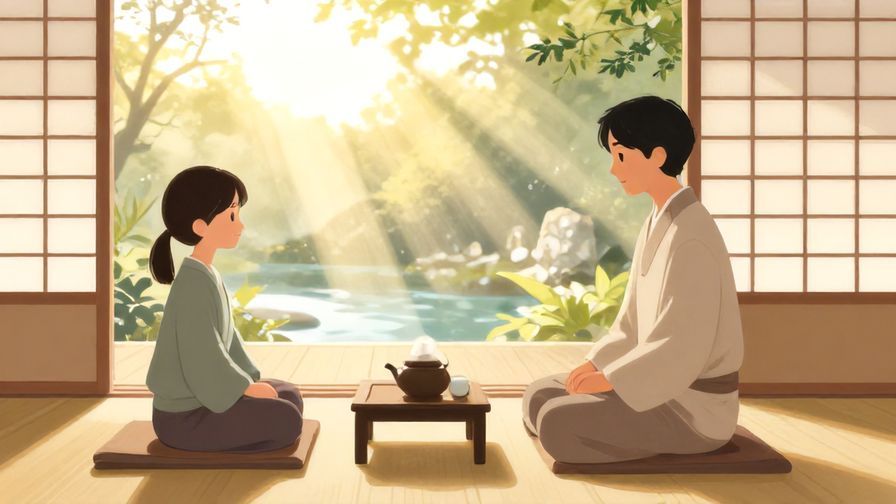 Illustration%20of%20a peaceful tea ceremony under sunlight streaming through shoji screens, with calm expressions and soft light%2C%20illustrated%20style