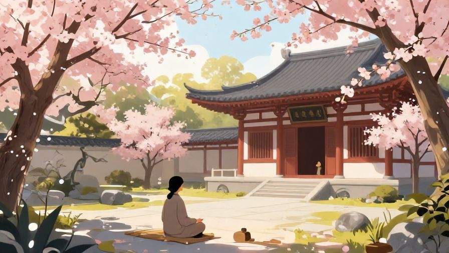 Illustration%20of%20a peaceful temple garden with cherry blossoms, gentle sunlight, and a calm person meditating
