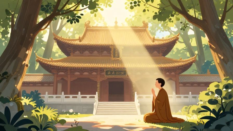 Illustration%20of%20a peaceful temple scene with sunlight filtering through trees, a divine atmosphere, and a person praying respectfully, illustrated style