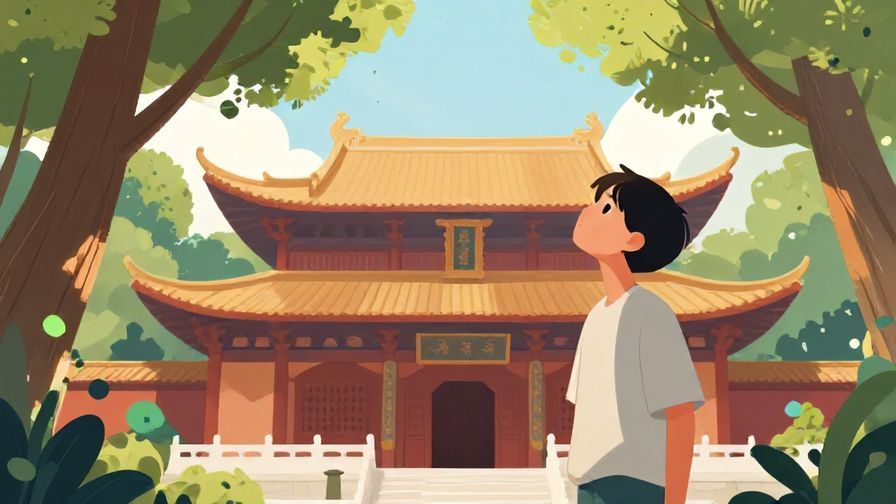 Illustration%20of%20a peaceful temple scene%2C%20soft%20light%20filtering%20through%20trees%2C%20a%20person%20looking%20up%20thoughtfully%20towards%20the%20sky%2C%20vibrant%20colors%2C%20illustrated%20style