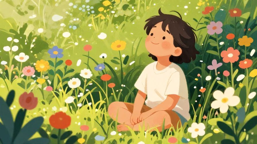 Illustration%20of%20a peaceful%20scene%20with%20a%20person%20smiling%20serenely%20in%20a%20garden%20full%20of%20flowers%2C%20vibrant%20colors%2C%20illustrated%20style