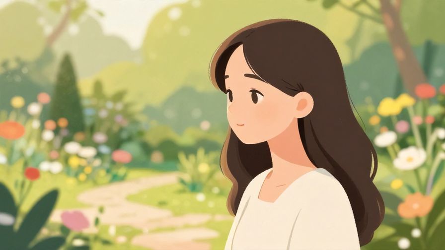 Illustration%20of%20a person admiring a beautiful garden, calm expression, soft warm lighting, gentle colors