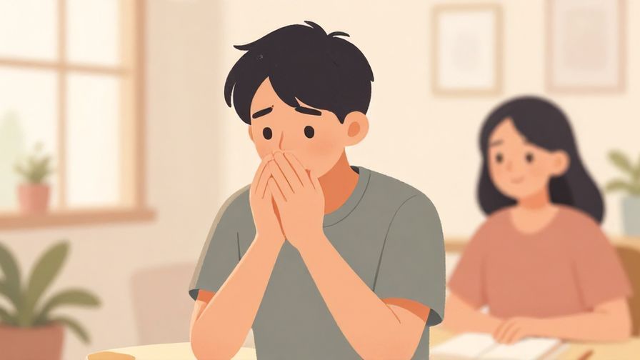 Illustration%20of%20a person anxiously wringing hands, with a friend smiling reassuringly, soft room interior, warm pastel colors