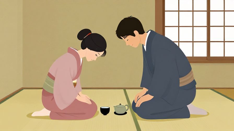 Illustration%20of%20a person apologizing politely with a slight bow in a traditional Japanese tea room, calm colors