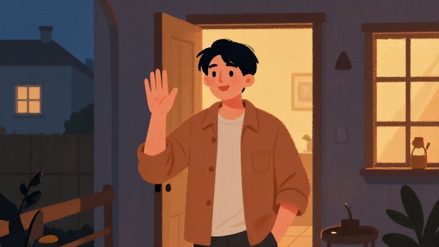 Illustration%20of%20a person arriving home safely at dusk, smiling and waving goodbye, warm lighting and cozy home background