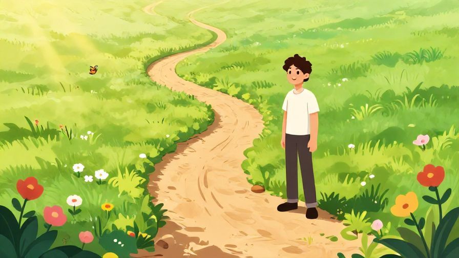 Illustration%20of%20a person at a forked path choosing the sunny trail with flowers and butterflies, smiling confidently