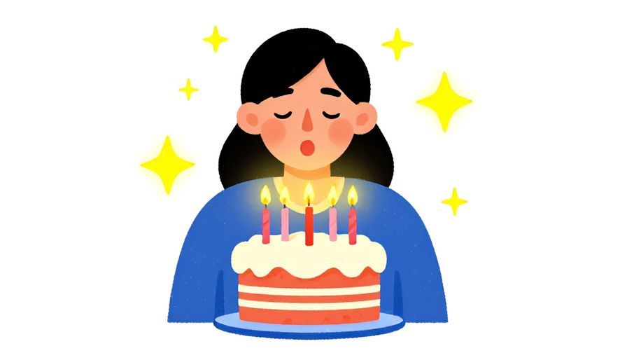 Illustration%20of%20a person blowing out candles on a birthday cake with glowing stars around them, lively colors, illustrated style