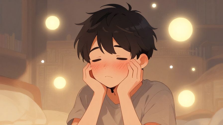 Illustration%20of%20a person blushing slightly, looking dreamy, surrounded by soft glowing orbs, casual and warm atmosphere, illustrated style