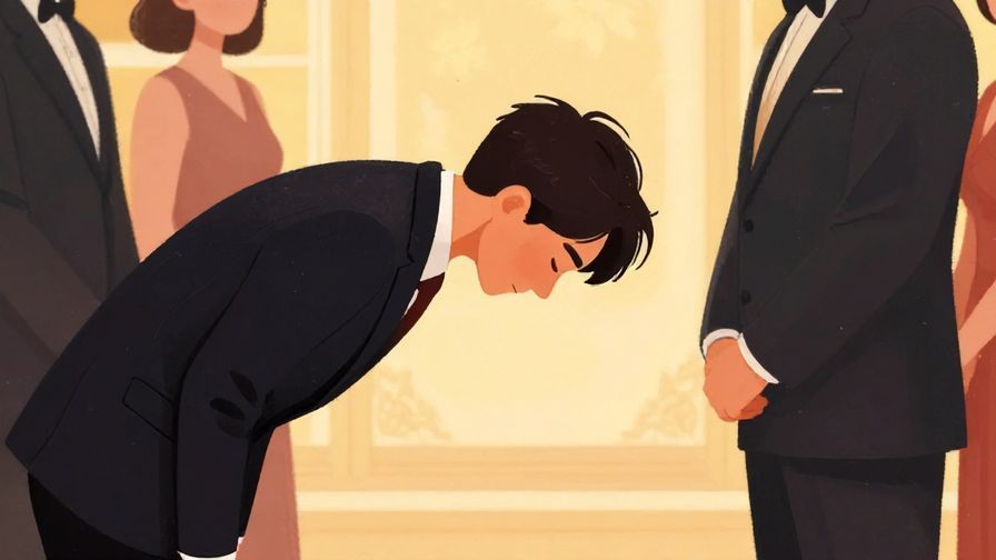 Illustration%20of%20a person bowing deeply in a formal setting, showing respect and politeness, detailed background, vibrant colors, illustrated style