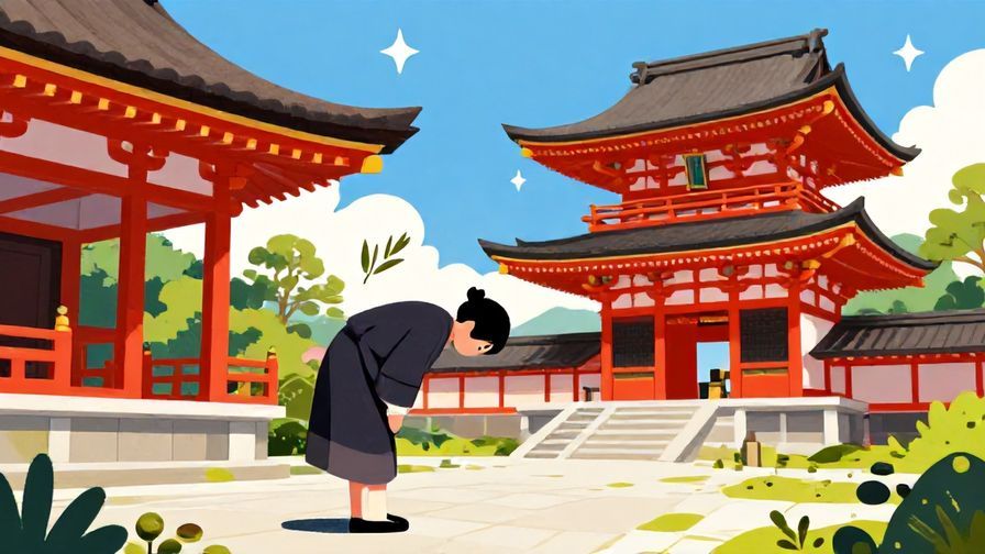 Illustration%20of%20a person bowing deeply in front of a traditional Japanese temple, with olive branches and stars in the background, vibrant colors, illustrated style
