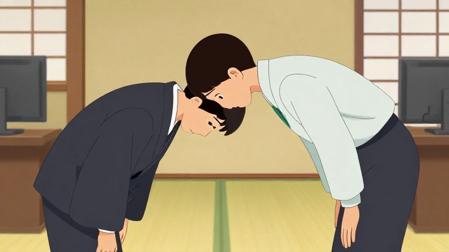 Illustration%20of%20a person bowing deeply, showing remorse, with a traditional Japanese office background, warm colors, illustrated style