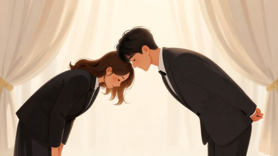 Illustration%20of%20a person bowing deeply with a sincere expression, elegant background with soft light rays