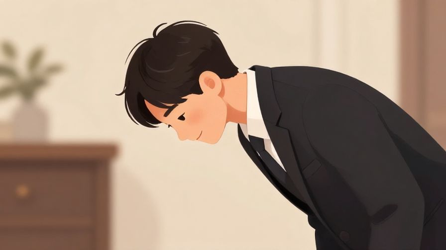 Illustration%20of%20a person bowing deeply with a humble smile, soft light, formal setting