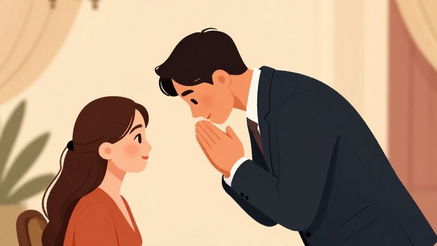 Illustration%20of%20a person bowing deeply with hands clasped, formal ceremony background, warm colors, illustrated style