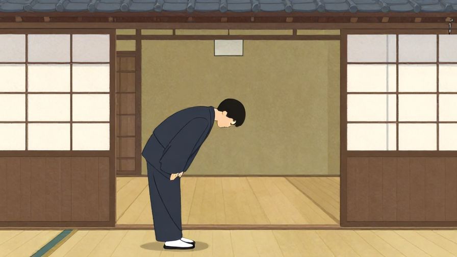 Illustration%20of%20a person bowing politely at the entrance, traditional Japanese setting%2C calm colors%2C illustrated style
