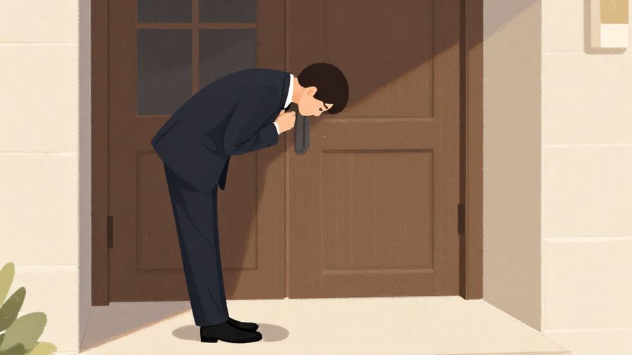 Illustration%20of%20a person bowing politely at the entrance%2C formal posture%2C soft lighting%2C illustrated style
