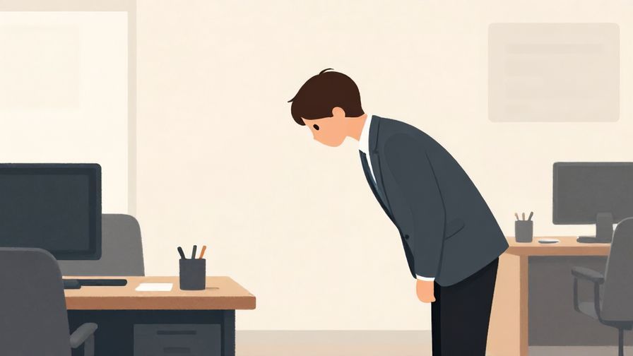 Illustration%20of%20a person bowing politely before leaving an office, subdued colors, illustrated style