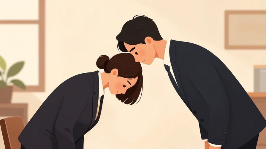 Illustration%20of%20a person bowing politely in a business setting, wearing formal clothes, warm lighting, detailed background