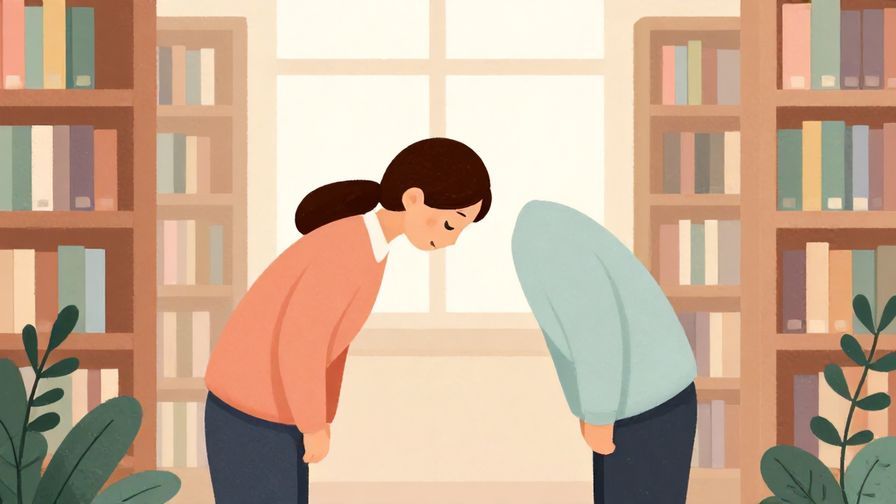 Illustration%20of%20a person bowing politely in a quiet library setting with olive branches and soft pastel colors