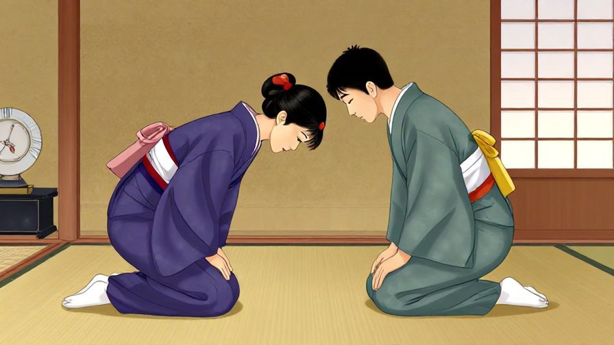 Illustration%20of%20a person bowing politely in a traditional Japanese room, soft lighting, detailed background, vibrant colors, illustrated style