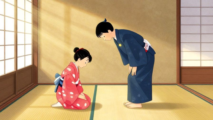 Illustration%20of%20a person bowing politely in traditional attire inside a serene Japanese room, soft light rays, vibrant colors, illustrated style