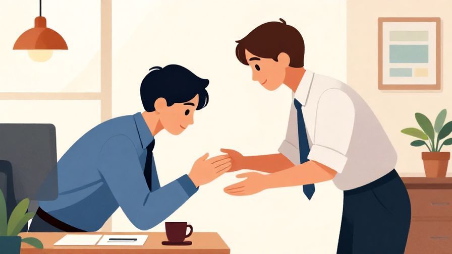 Illustration%20of%20a person bowing politely while offering a helping hand, indoor office setting, vibrant colors, illustrated style