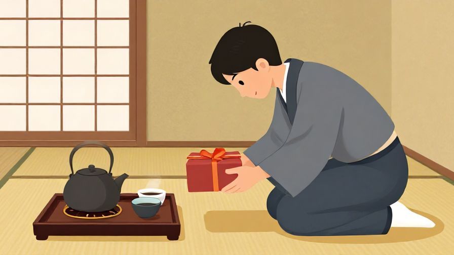 Illustration%20of%20a person bowing politely while handing a gift, traditional Japanese tea room background, warm colors