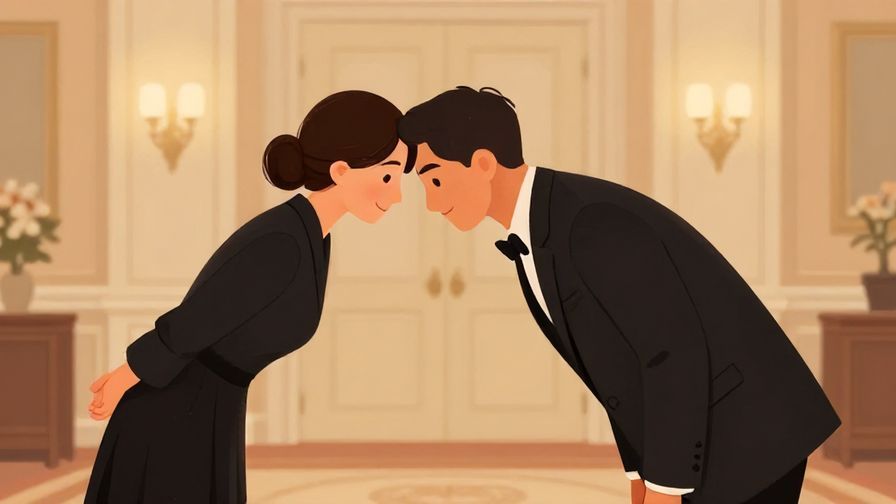 Illustration%20of%20a person bowing politely with a slight smile in a formal room, soft lighting and elegant colors