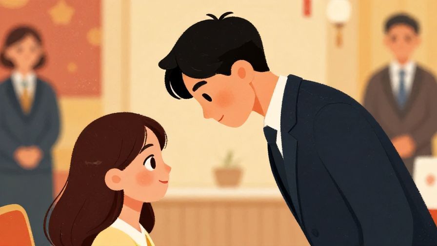 Illustration%20of%20a person bowing politely with a calm expression in a formal setting, detailed background, vibrant colors, illustrated style