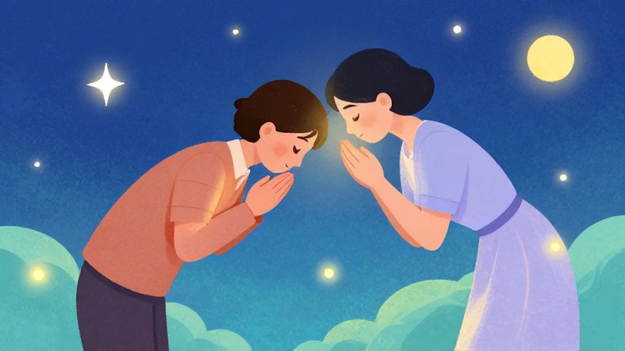 Illustration%20of%20a person bowing politely with gentle glowing orbs around, symbolizing gratitude and fate, elegant setting, vibrant colors, illustrated style