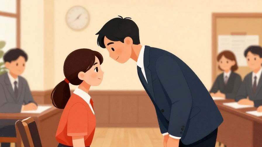 Illustration%20of%20a person bowing politely with a gentle smile in a formal meeting room, warm lighting, vibrant colors, illustrated style