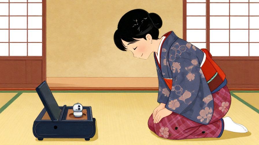 Illustration%20of%20a person bowing politely with a gentle smile in a traditional Japanese room, soft lighting, vibrant colors, illustrated style