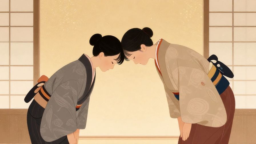 Illustration%20of%20a person bowing respectfully in a traditional Japanese setting, soft warm lighting, elegant textures, illustrated style